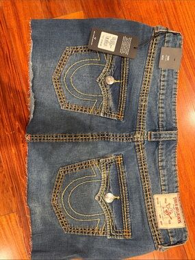 True Religion Women's Blue Denim Shorts with Signature Stitching